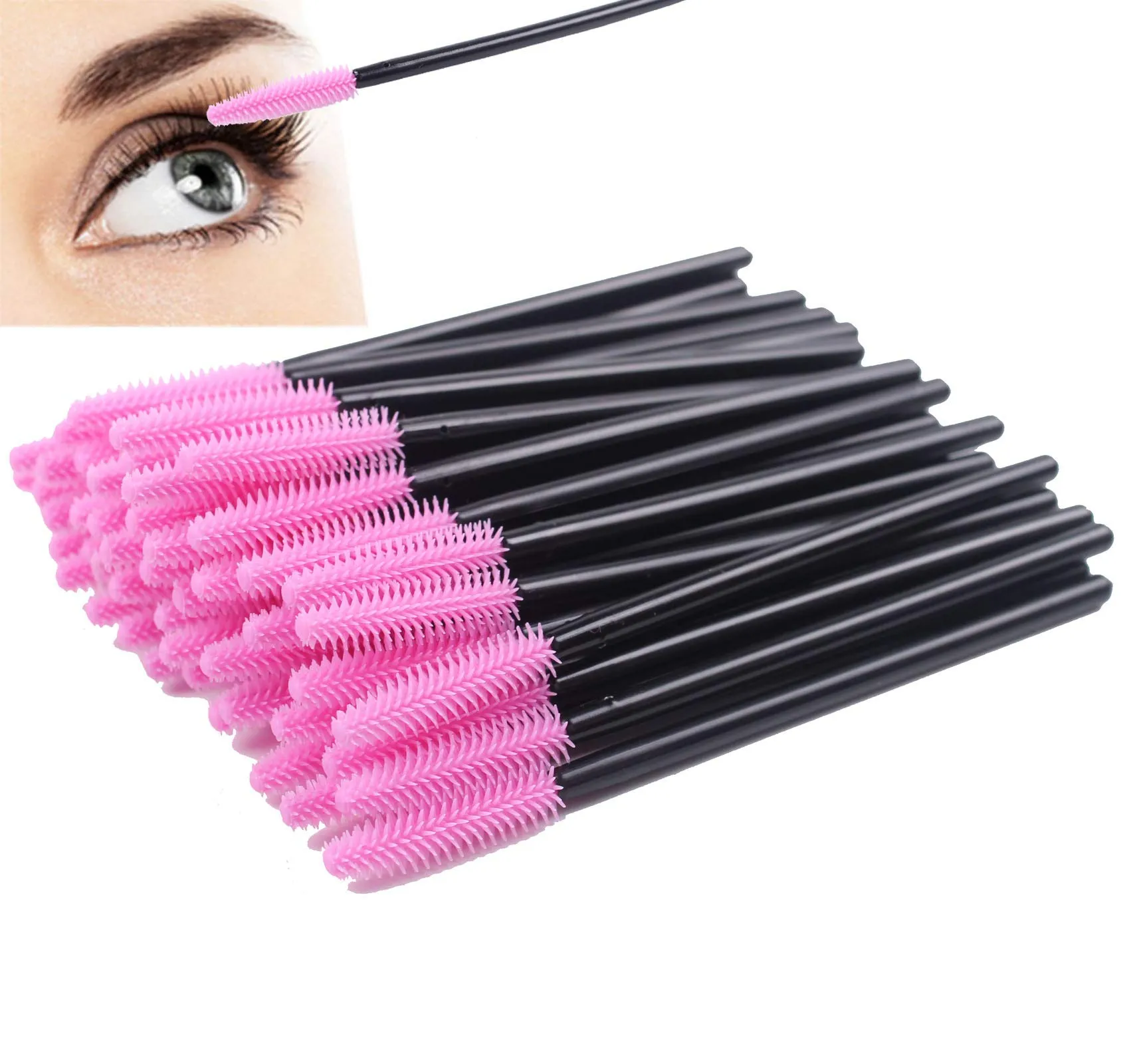 BIHRTC Pack of 100 One-Off Disposable Silicone Eyelash Mascara Brushes Wands Applicator Eyebrow Brush Makeup Tool Kit Set Deep pink