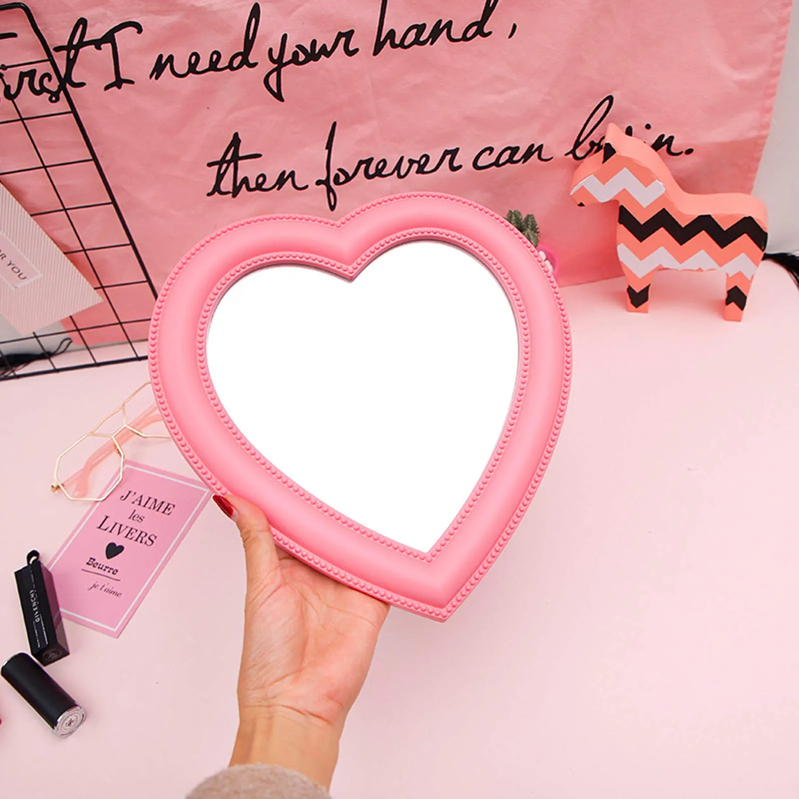 BinaryABC Heart Makeup Mirror Cosmetic Mirror Wall Desktop Mirror Bedroom Mirror (Pink) Pink