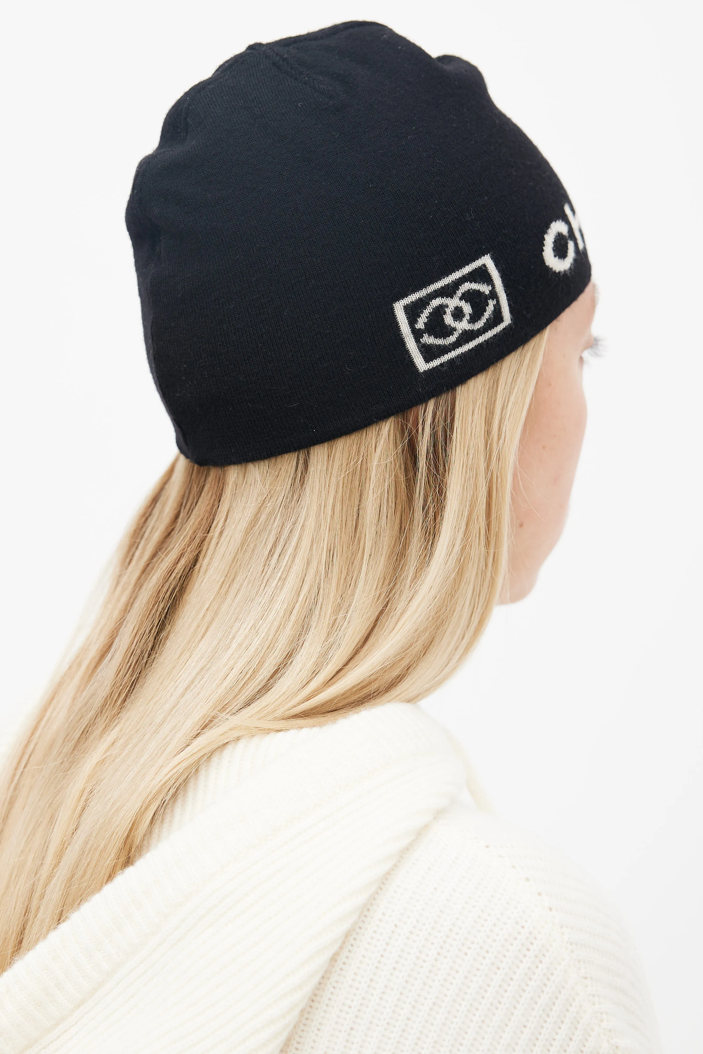 Black Wool Cream Logo Beanie
