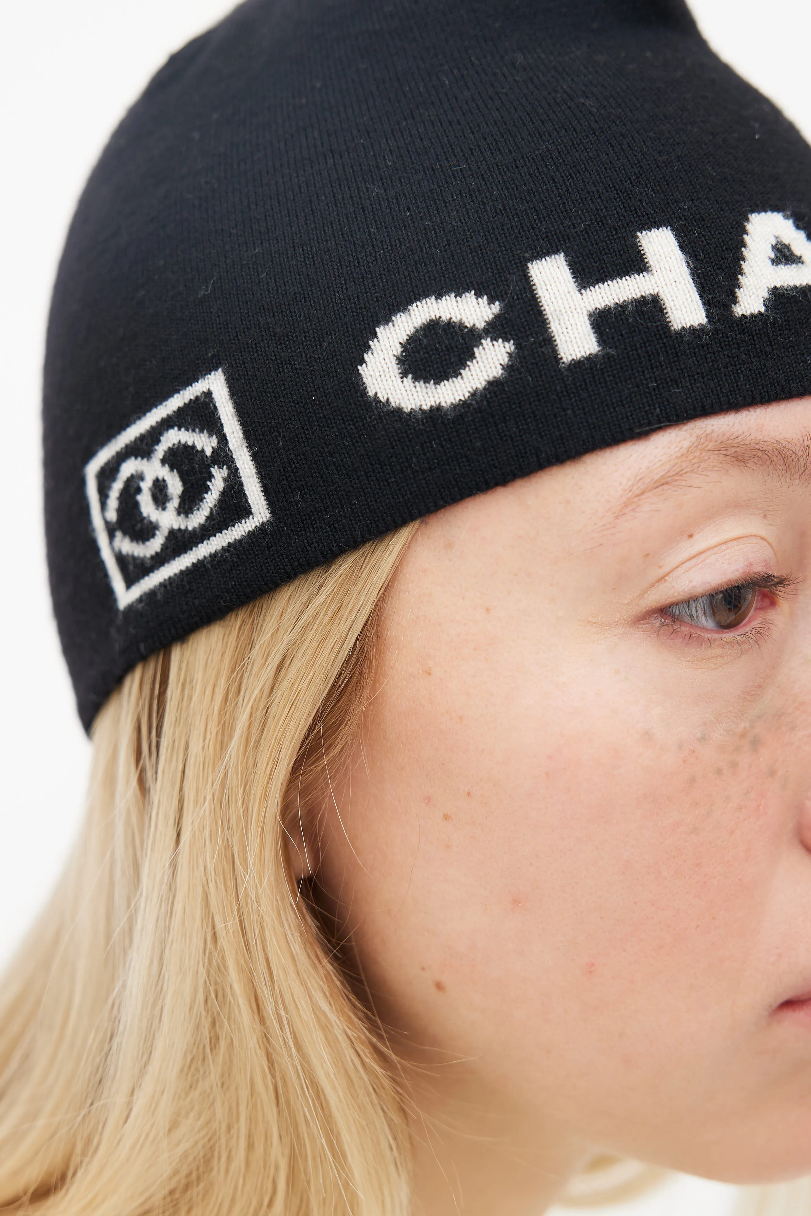 Black Wool Cream Logo Beanie