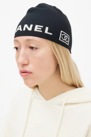 Black Wool Cream Logo Beanie
