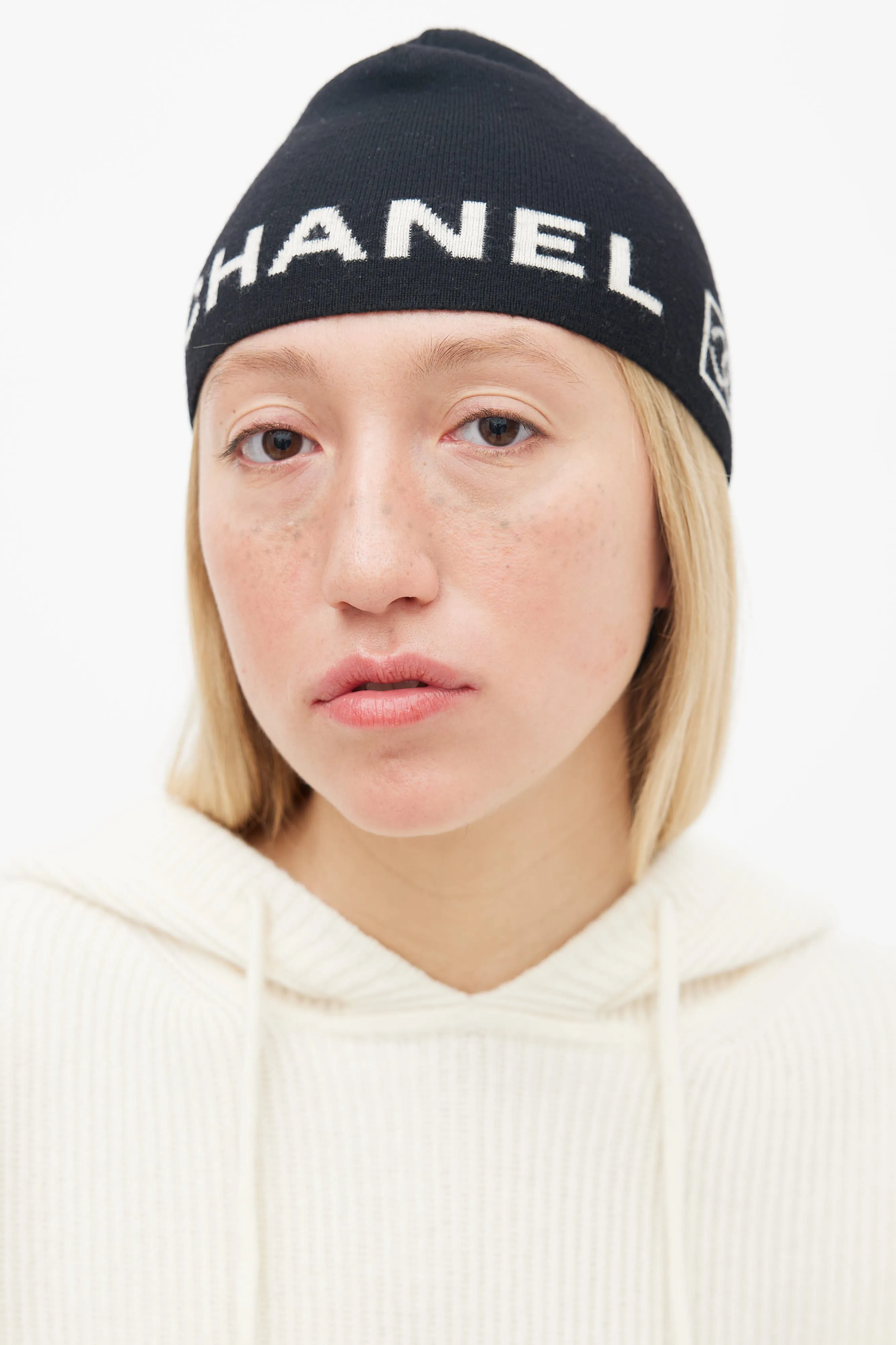 Black Wool Cream Logo Beanie