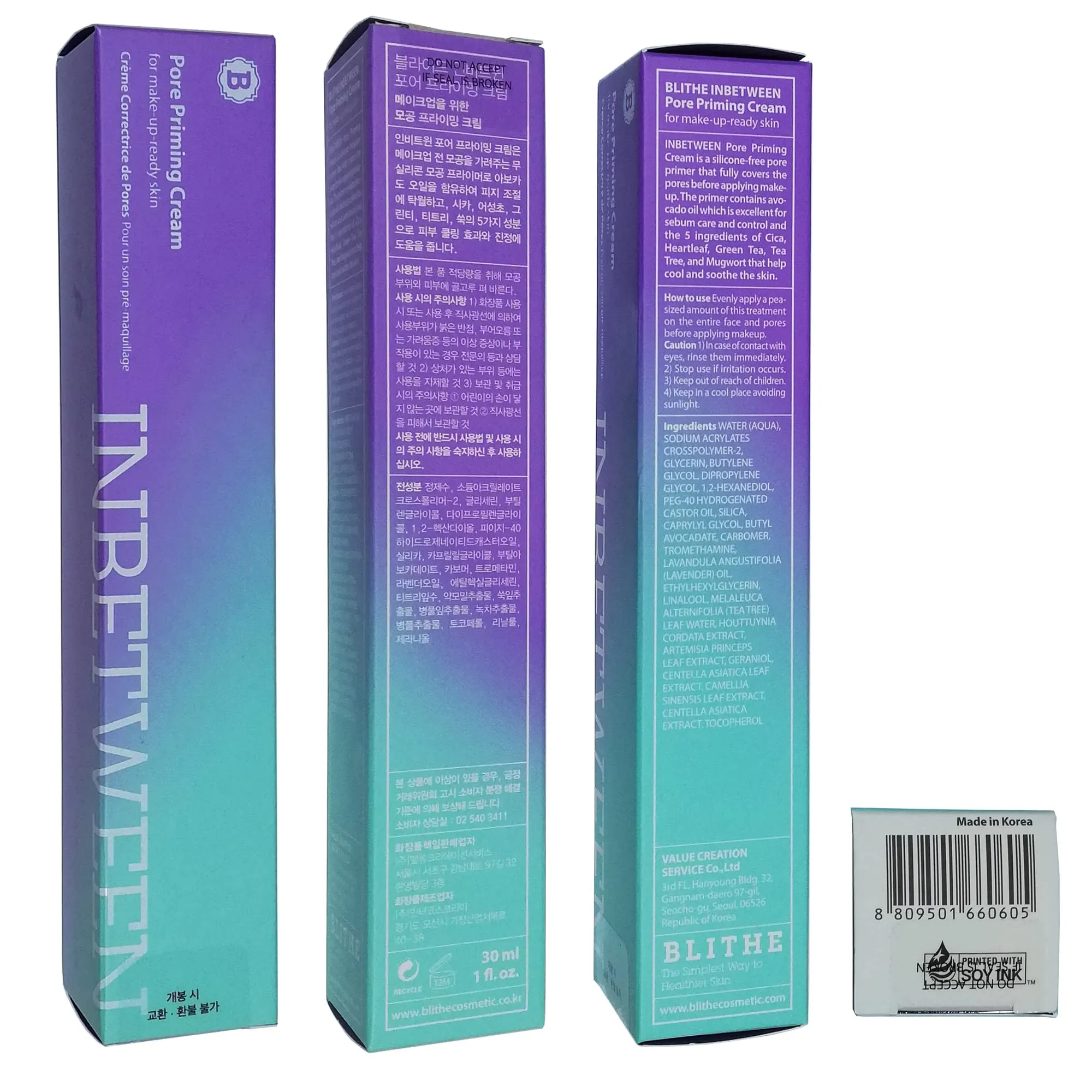 Blithe Inbetween Pore Priming Cream Matte Primer for Oily Skin Control, Calming Mugwort Cica & Green Tea Extract for Blemish Relief, Korean Makeup Pore Minimizer Primer with Mattifying Finish 1 Fl Oz