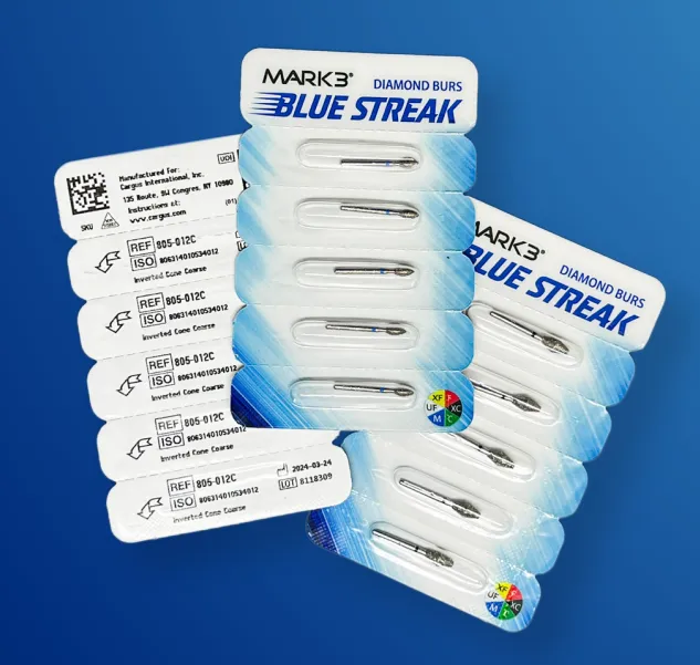Blue Streak Diamond Burs FG Beveled Cylinder Pkg/5