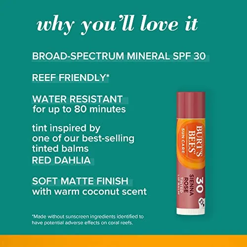 Burt’s Bees Tinted Lip Balm, SPF 30 100% Natural Origin Mineral Sunscreen, Sienna Rose, Mother's Day Gift, 1 Tube in Blister Box