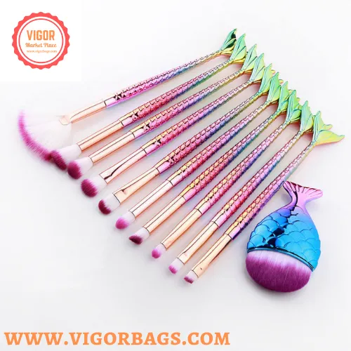 Candy Color Makeup Brushes Tool Set & Cosmetic Concealer Fish Tail Make Up Brushes Tools Combo Pack