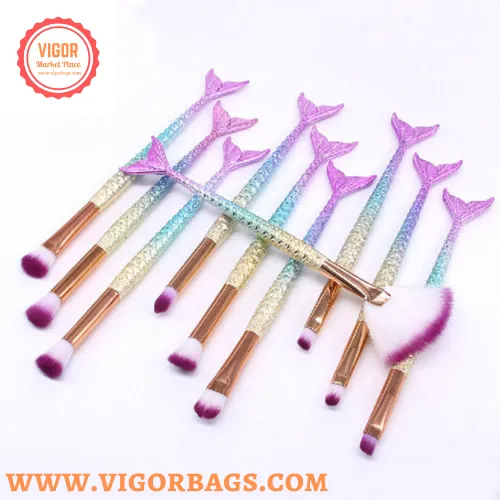 Candy Color Makeup Brushes Tool Set & Cosmetic Concealer Fish Tail Make Up Brushes Tools Combo Pack
