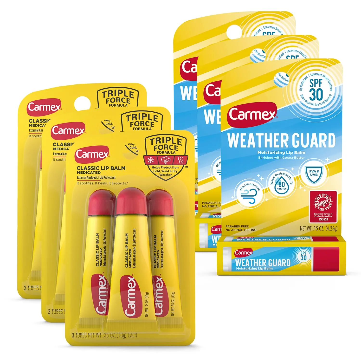 Carmex Lip Balm Bundle, 12 Count (9 Classic Lip Balm Tubes, 3 Weather Guard Lip Balm with SPF 30 Sticks)
