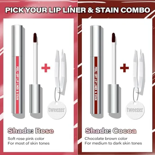 Cilrofelr Peel Off Lip Liner Stain, Long Wear Tattoo Lip Liner with Tweezer, Peel Off Lip Stain with Matte Finish, Long Lasting, Waterproof, Transfer-proof, Highly Pigmented Color (Rose)