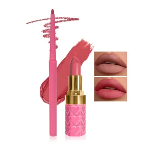DAGEDA 2Pcs Lip Liner and Lipstick Set, Matte Lipstick Waterproof Lipstick Non-Stick Cup Velvety Nude, Lip Liner Pencil with Moisturizing Lipstick for Women, Long Lasting Lip Makeup Set (P01)