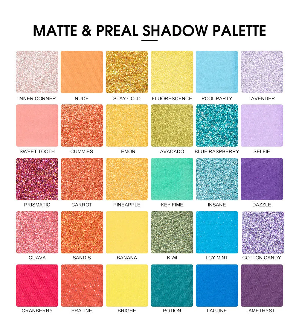 Dreamy Rainbow 30 Colors Eyeshadow Palette - Shimmer, Matte & Glitter Shades
