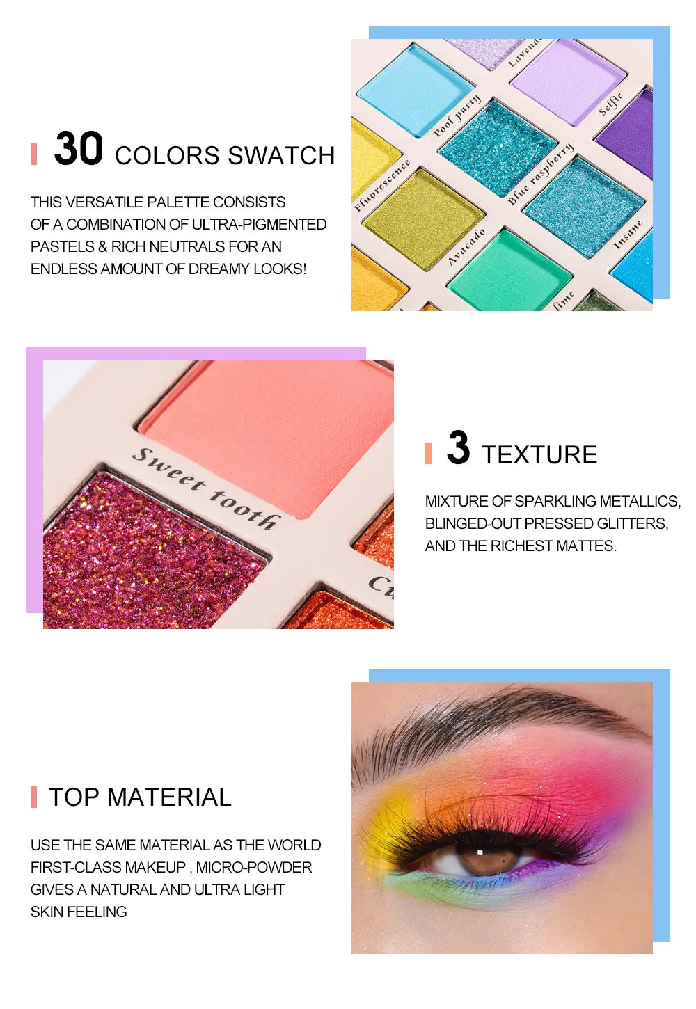 Dreamy Rainbow 30 Colors Eyeshadow Palette - Shimmer, Matte & Glitter Shades