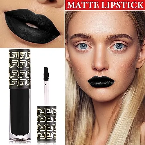 DuoZeng Matte Black Lipstick for Women,Matte Liquid Lip Gloss Long Lasting Waterproof Lip Gloss Lip Makeup,Non-stick Cup Non-Fading Matte Liquid Lipstick Halloween Lip Tint Lipgloss Makeup
