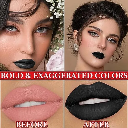 DuoZeng Matte Black Lipstick for Women,Matte Liquid Lip Gloss Long Lasting Waterproof Lip Gloss Lip Makeup,Non-stick Cup Non-Fading Matte Liquid Lipstick Halloween Lip Tint Lipgloss Makeup