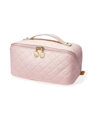 EACHY Travel Makeup Bag,Large Capacity Cosmetic Bags for Women,Waterproof Portable Pouch Open Flat Toiletry Bag for preppy stuff, Make up Organizer with Divider and Handle (F-Pink, Medium)