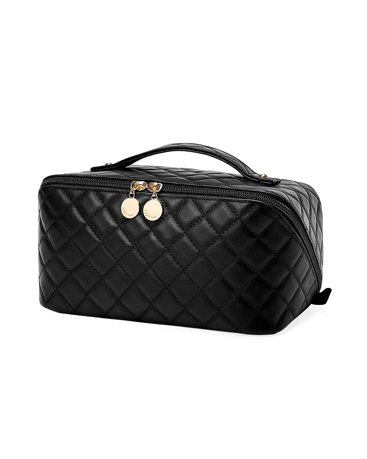 EACHY Travel Makeup Bag,Large Capacity Cosmetic Bags for Women,Waterproof Portable Pouch Open Flat Toiletry Bag Make up Organizer with Divider and Handle (F-Black, Medium)