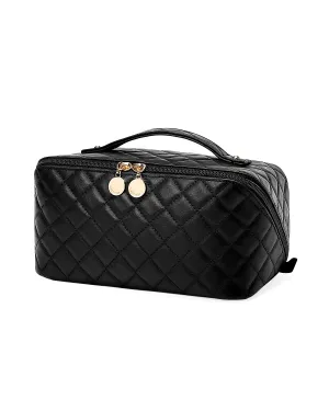 EACHY Travel Makeup Bag,Large Capacity Cosmetic Bags for Women,Waterproof Portable Pouch Open Flat Toiletry Bag Make up Organizer with Divider and Handle (F-Black, Medium)