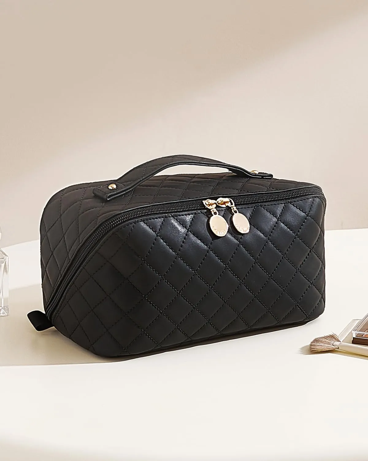 EACHY Travel Makeup Bag,Large Capacity Cosmetic Bags for Women,Waterproof Portable Pouch Open Flat Toiletry Bag Make up Organizer with Divider and Handle (F-Black, Medium)