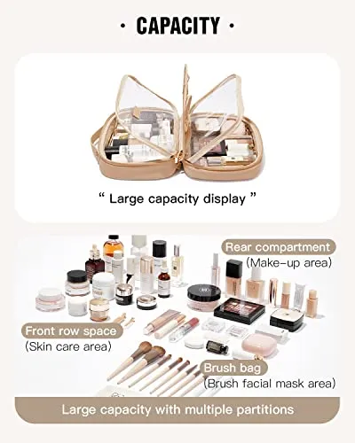 EACHY Travel Makeup Bag,Large Capacity Cosmetic Bags for Women,Waterproof Portable Pouch Open Flat Toiletry Bag Make up Organizer with Divider and Handle (LB-Black, Large)