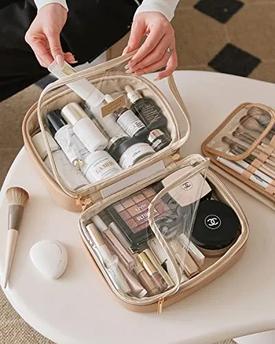 EACHY Travel Makeup Bag,Large Capacity Cosmetic Bags for Women,Waterproof Portable Pouch Open Flat Toiletry Bag Make up Organizer with Divider and Handle (LB-Black, Large)