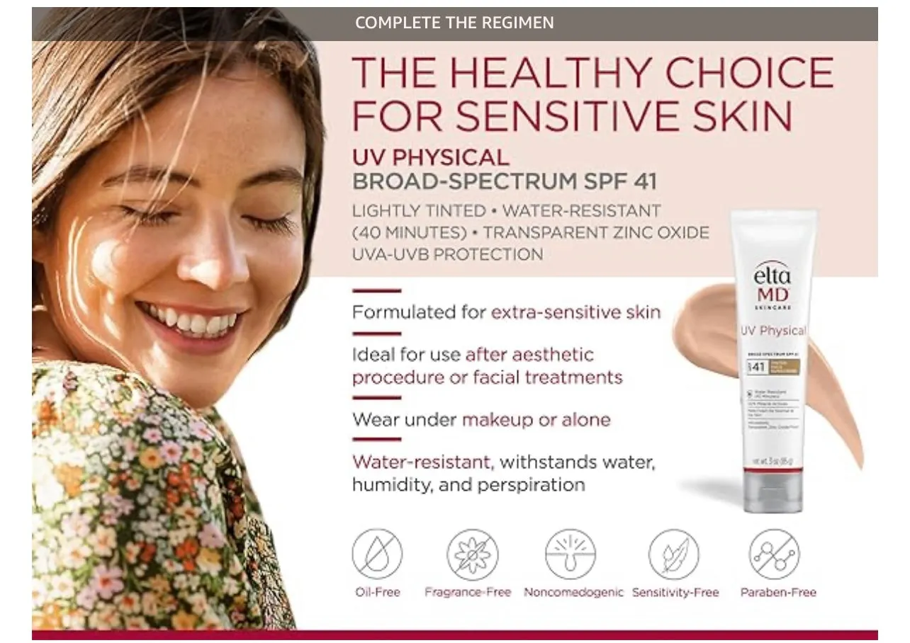 EltaMD UV Physical Tinted Sunscreen for Face, SPF 41 Tinted Sunscreen, 100% Mineral Active Sunscreen, 3.0 oz Tube