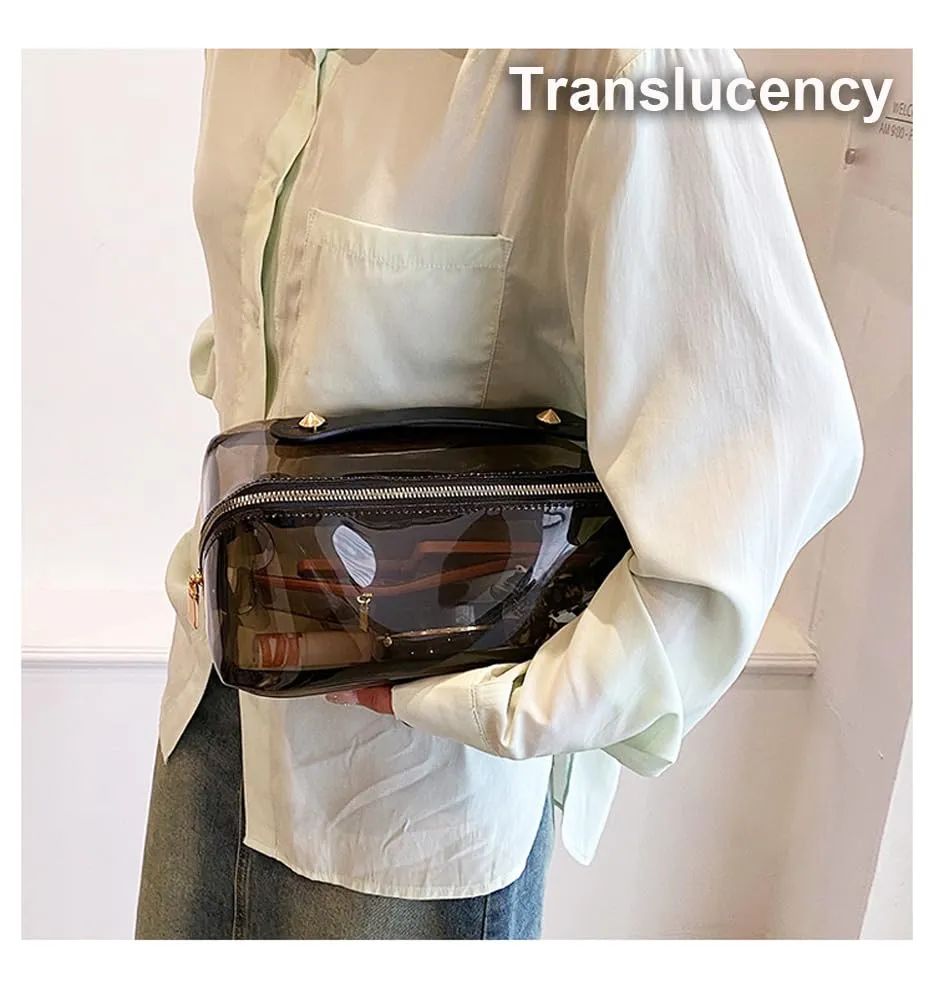 EURYNOME Clear Makeup Organizer Bag Semi Transparent Travel Makeup Bag Leather Handle Clear Cosmetic Bag with Zipper