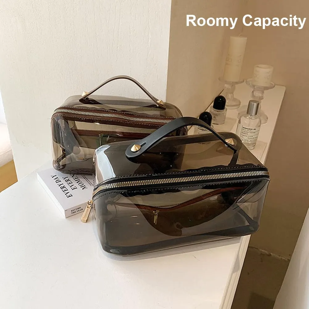 EURYNOME Clear Makeup Organizer Bag Semi Transparent Travel Makeup Bag Leather Handle Clear Cosmetic Bag with Zipper