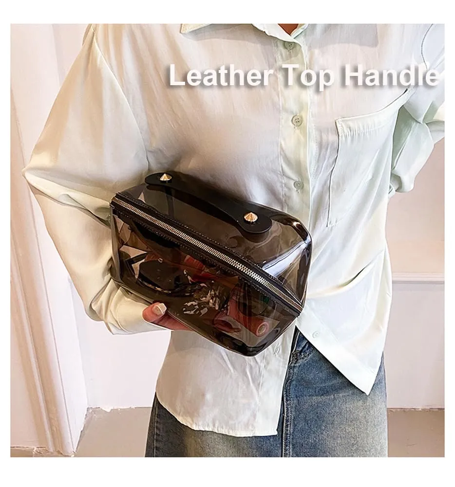 EURYNOME Clear Makeup Organizer Bag Semi Transparent Travel Makeup Bag Leather Handle Clear Cosmetic Bag with Zipper