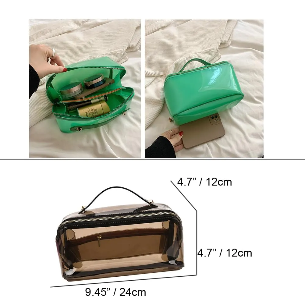 EURYNOME Clear Makeup Organizer Bag Semi Transparent Travel Makeup Bag Leather Handle Clear Cosmetic Bag with Zipper