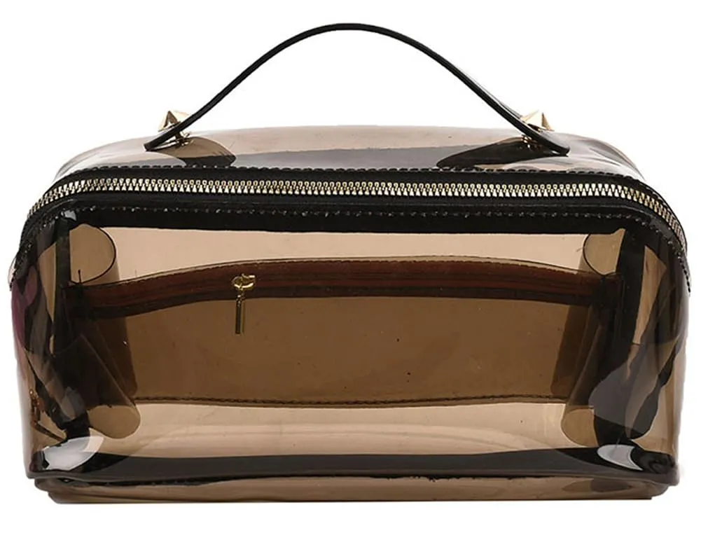 EURYNOME Clear Makeup Organizer Bag Semi Transparent Travel Makeup Bag Leather Handle Clear Cosmetic Bag with Zipper