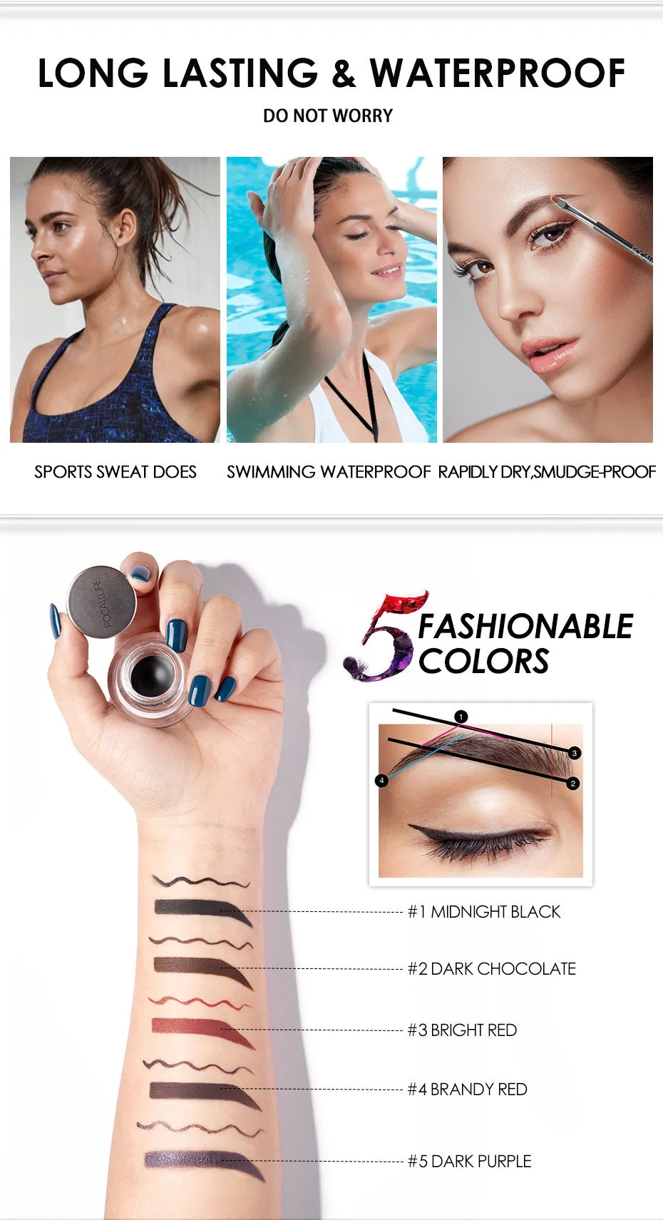 Eyeliner Gel, Eyebrow Waterproof Long-lasting Professional Eye Makeup with 2 Brushes