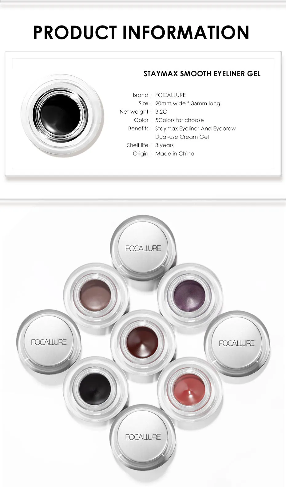 Eyeliner Gel, Eyebrow Waterproof Long-lasting Professional Eye Makeup with 2 Brushes