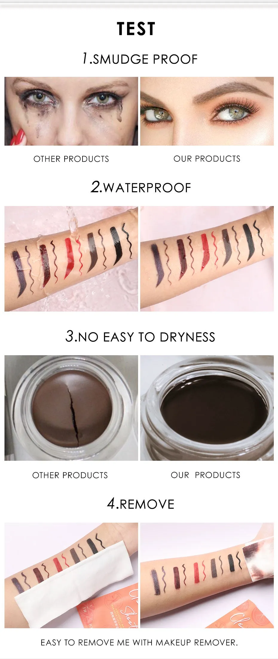 Eyeliner Gel, Eyebrow Waterproof Long-lasting Professional Eye Makeup with 2 Brushes