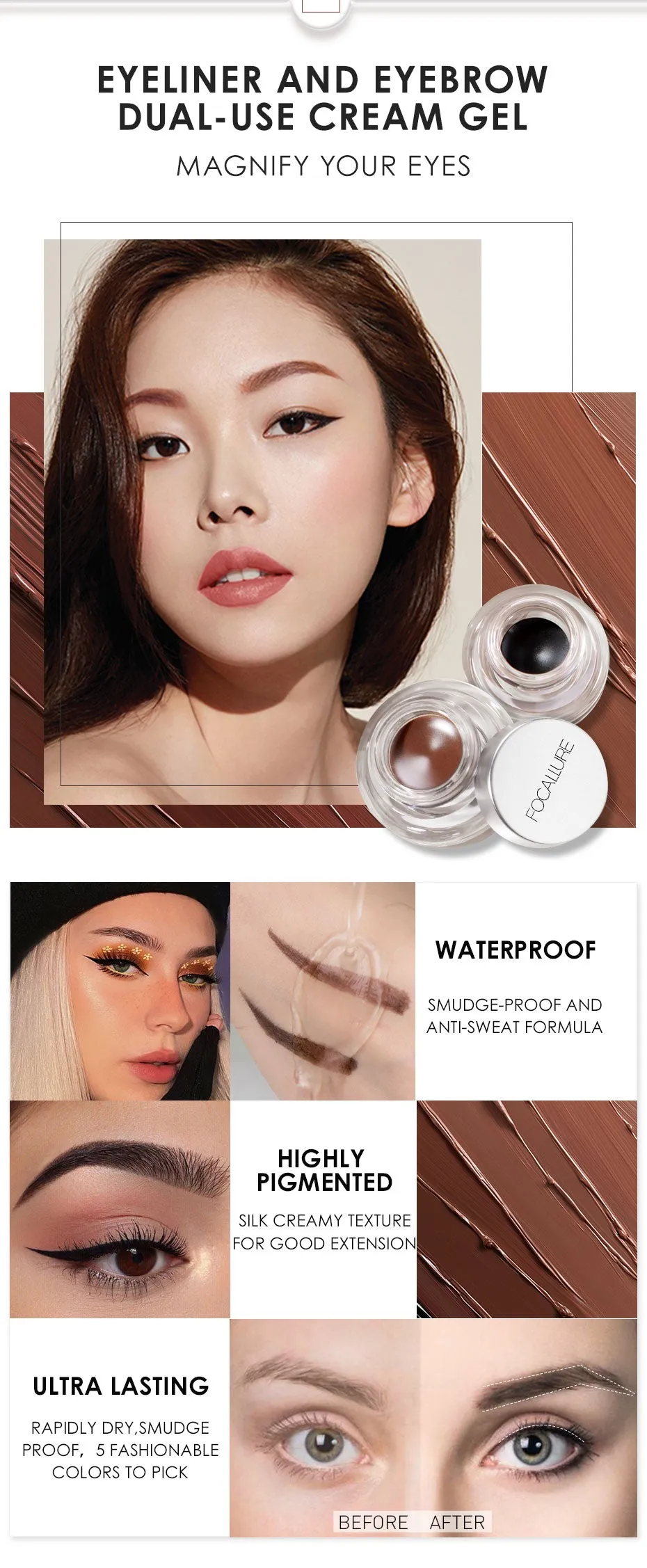 Eyeliner Gel, Eyebrow Waterproof Long-lasting Professional Eye Makeup with 2 Brushes