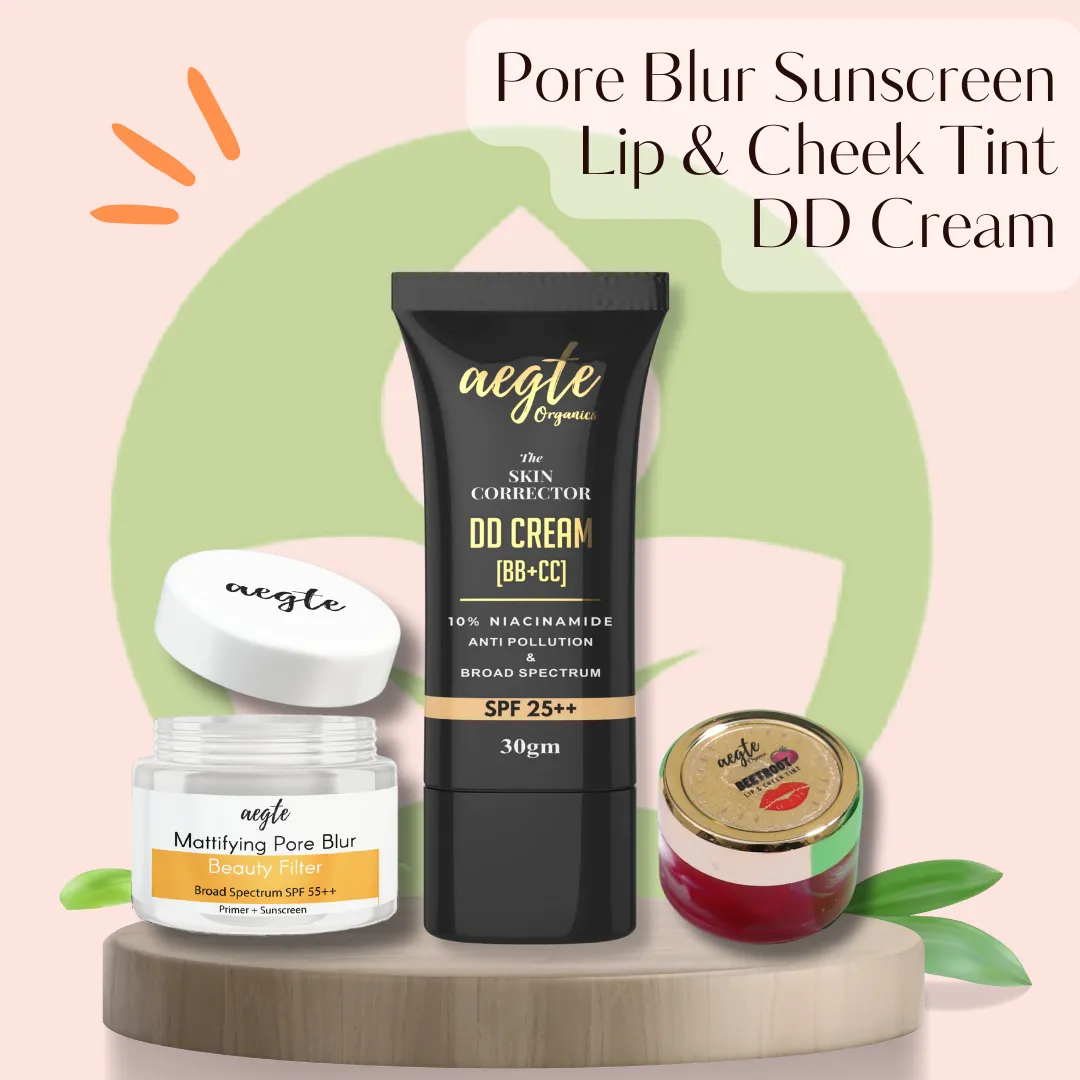 Founder's Favourites - Aegte Mattifying Pore Blur Primer   Sunscreen, Skin Corrector DD Cream & Lip and Cheek Tint