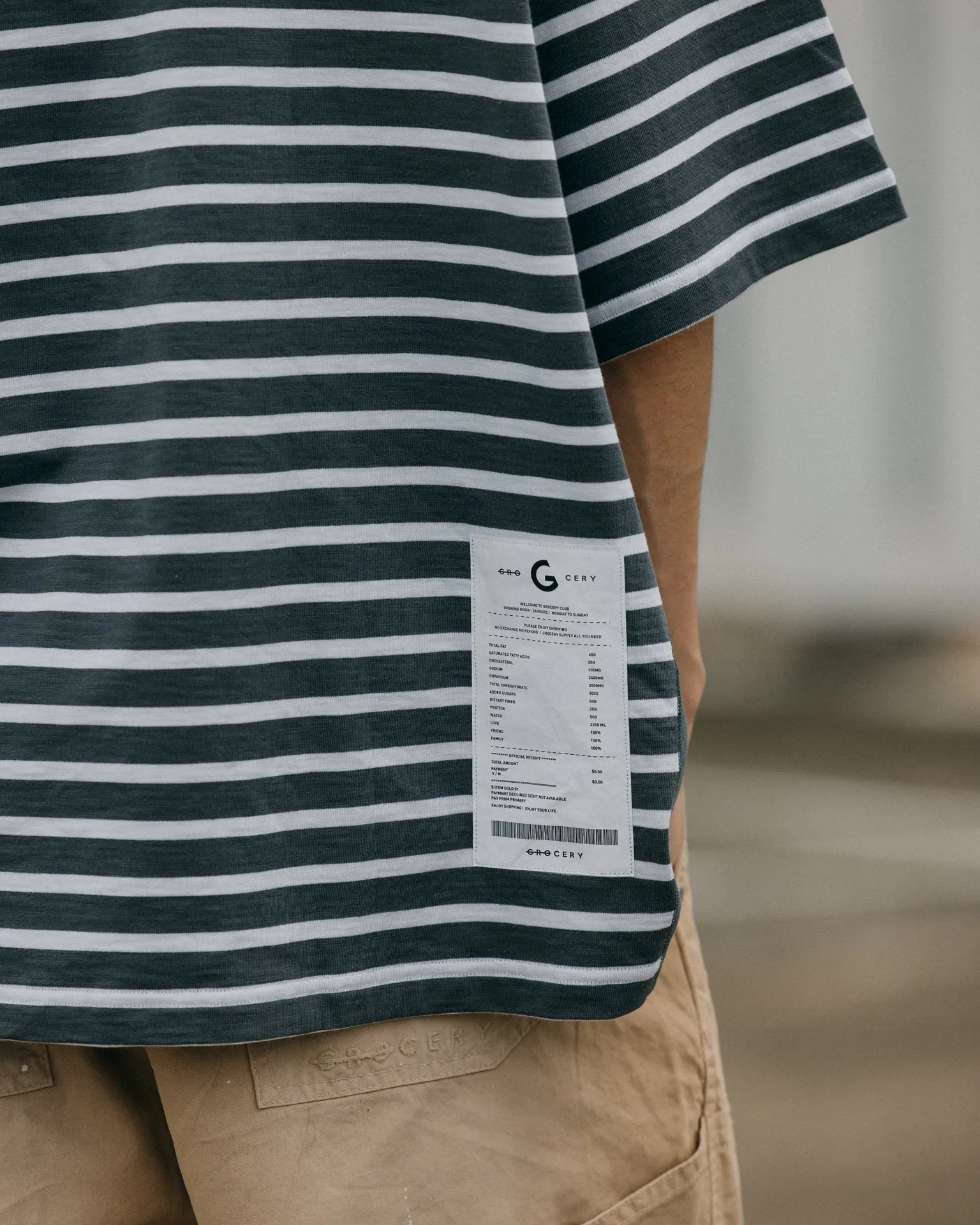 GROCERY TEE-075 JUMBO PANELED STRIPE INVOICE TEE/ DARK GREY STRIPE