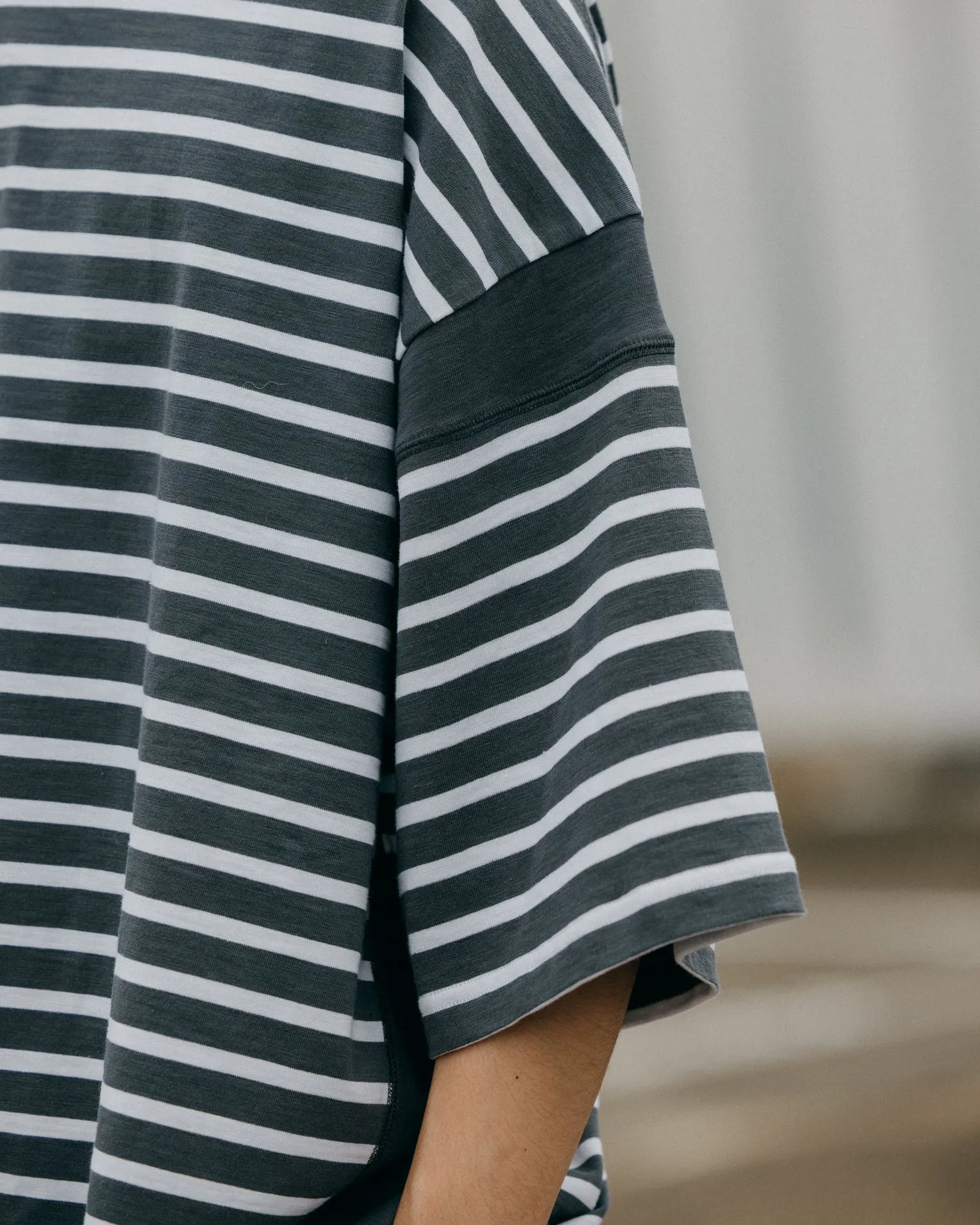 GROCERY TEE-075 JUMBO PANELED STRIPE INVOICE TEE/ DARK GREY STRIPE