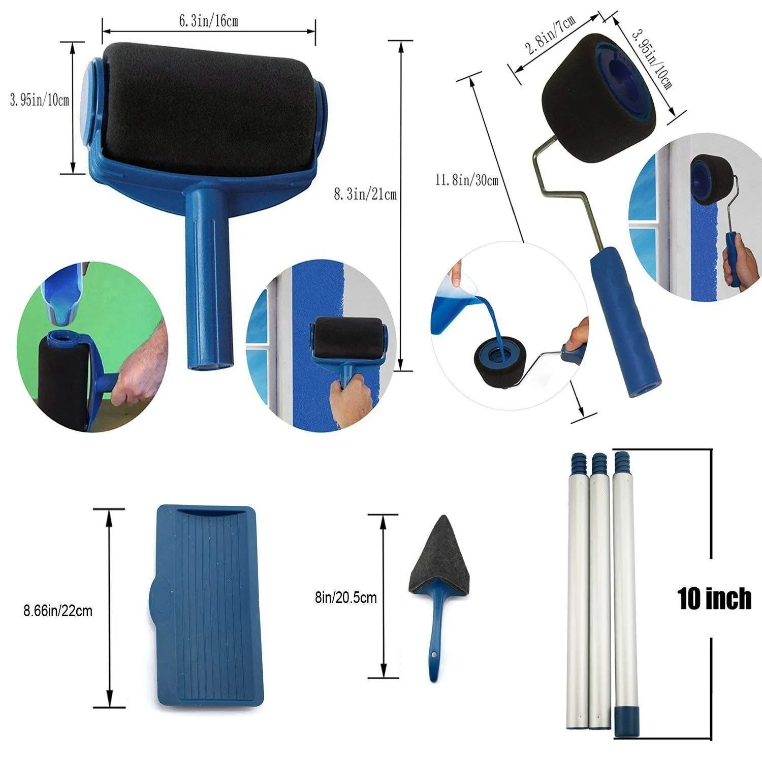 Household Paint Roller Runner Decor Brush Handle 9pcs, Professional Tools