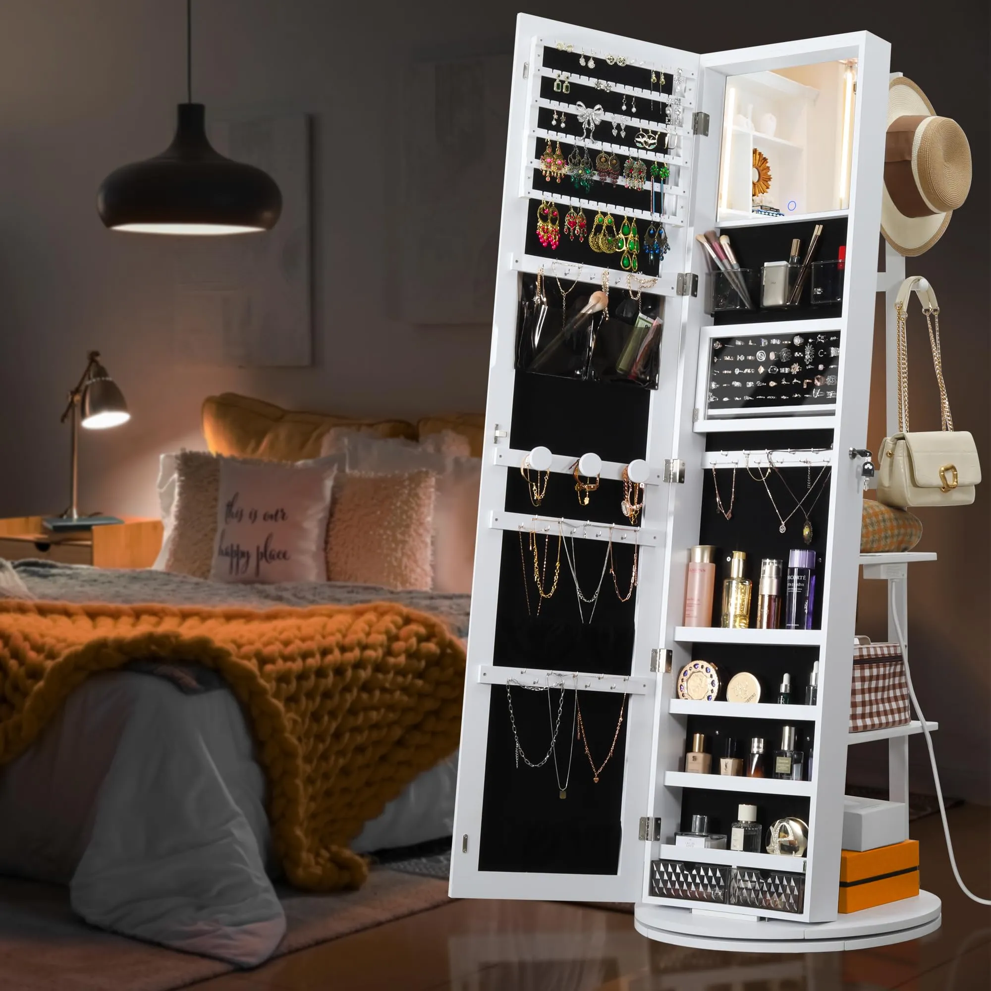 IRONCK 360° Swivel Mirrored Jewelry Cabinet with Full-Length Mirror, Charging Station, Lockable Standing Jewelry Organizer with Rear Storage Shelves, Interior Mirror, LED Lights, White