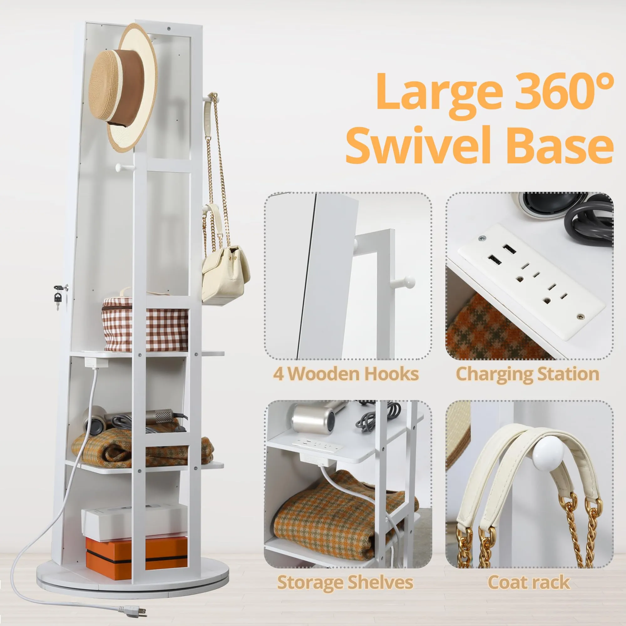IRONCK 360° Swivel Mirrored Jewelry Cabinet with Full-Length Mirror, Charging Station, Lockable Standing Jewelry Organizer with Rear Storage Shelves, Interior Mirror, LED Lights, White