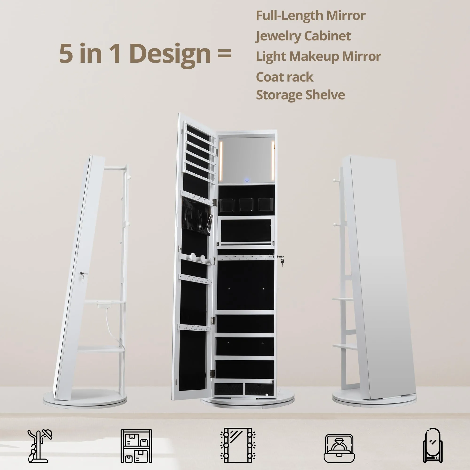 IRONCK 360° Swivel Mirrored Jewelry Cabinet with Full-Length Mirror, Charging Station, Lockable Standing Jewelry Organizer with Rear Storage Shelves, Interior Mirror, LED Lights, White