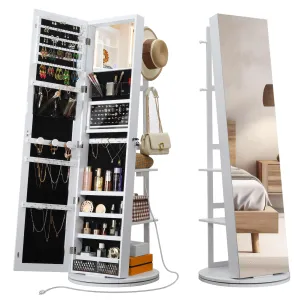 IRONCK 360° Swivel Mirrored Jewelry Cabinet with Full-Length Mirror, Charging Station, Lockable Standing Jewelry Organizer with Rear Storage Shelves, Interior Mirror, LED Lights, White