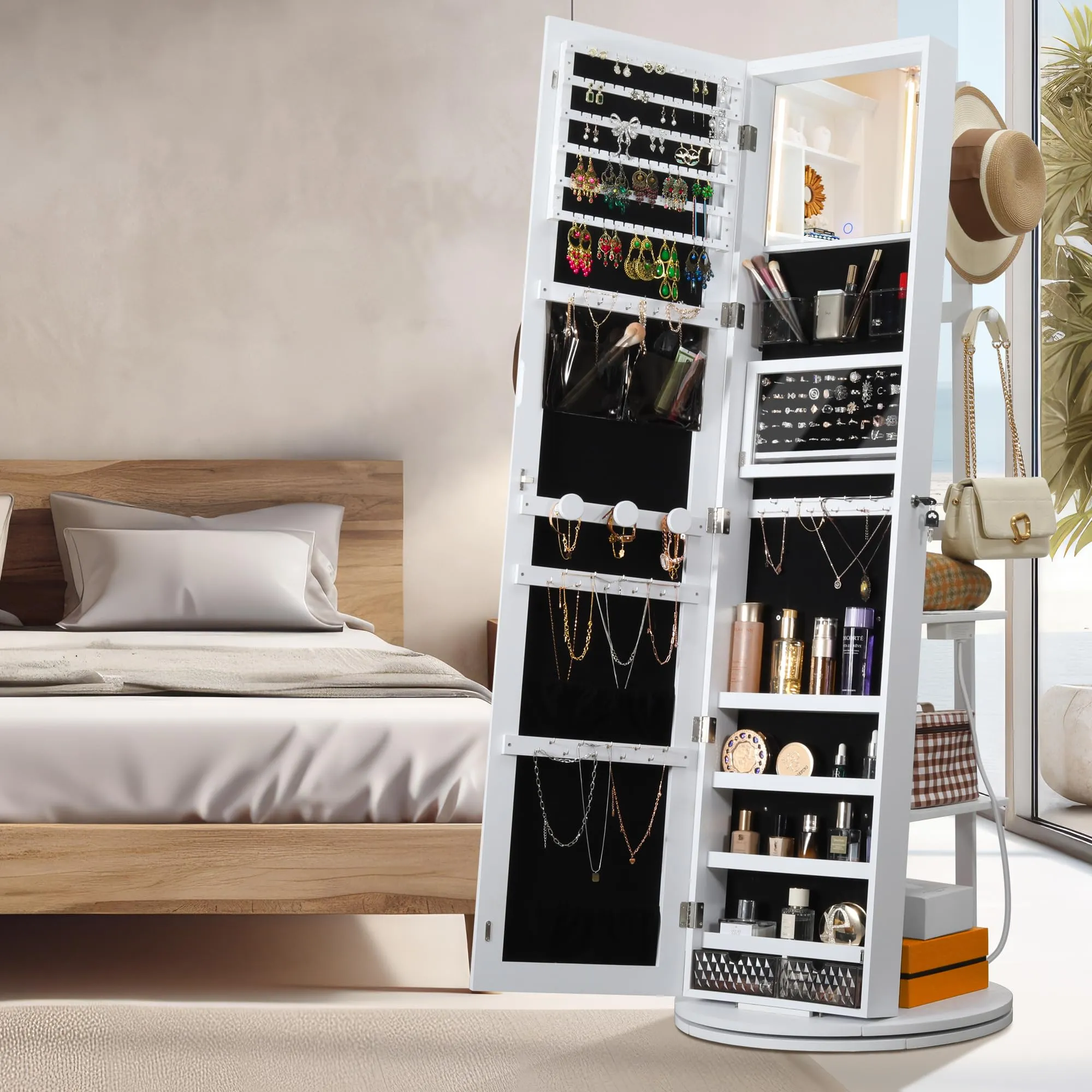 IRONCK 360° Swivel Mirrored Jewelry Cabinet with Full-Length Mirror, Charging Station, Lockable Standing Jewelry Organizer with Rear Storage Shelves, Interior Mirror, LED Lights, White