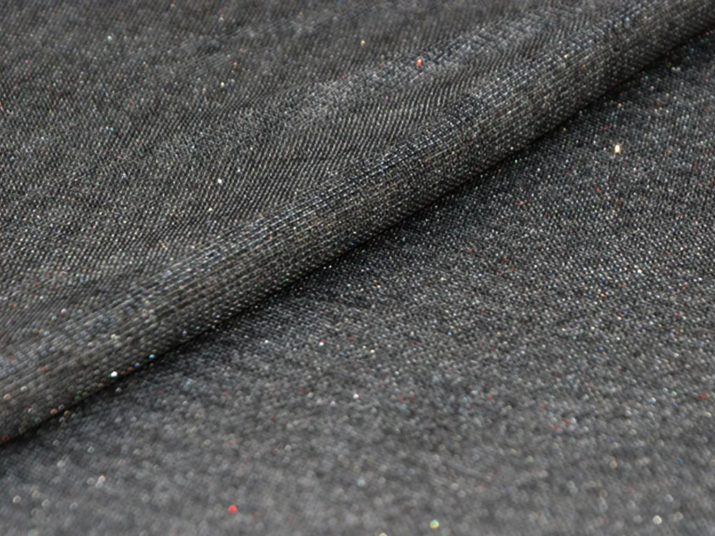 Jet Black & Silver Plain Metallic Shimmer Interlock Bonding Fabric