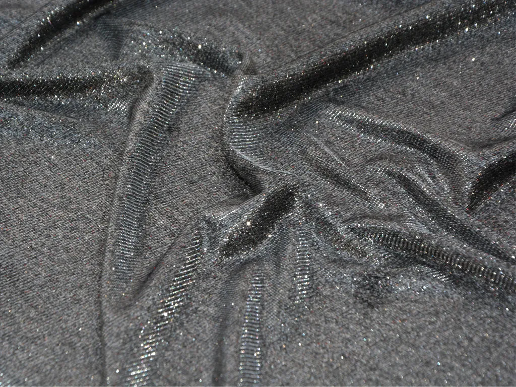 Jet Black & Silver Plain Metallic Shimmer Interlock Bonding Fabric