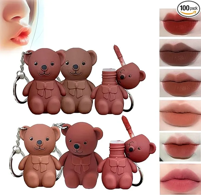 Korean Bear Keychain Matte Lipgloss Waterproof Long Lasting Lip Gloss Cute Bear Beauty Makeup