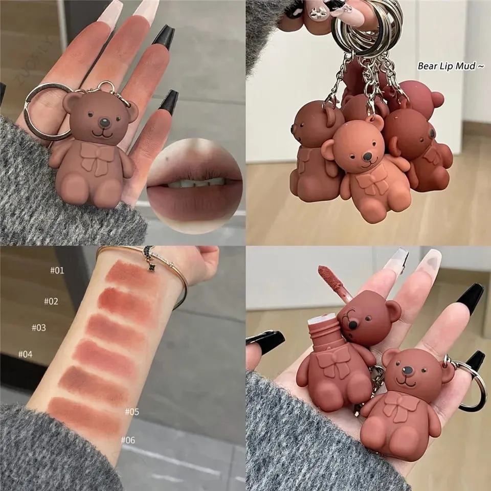 Korean Bear Keychain Matte Lipgloss Waterproof Long Lasting Lip Gloss Cute Bear Beauty Makeup