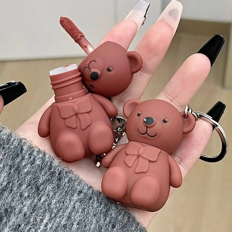 Korean Bear Keychain Matte Lipgloss Waterproof Long Lasting Lip Gloss Cute Bear Beauty Makeup