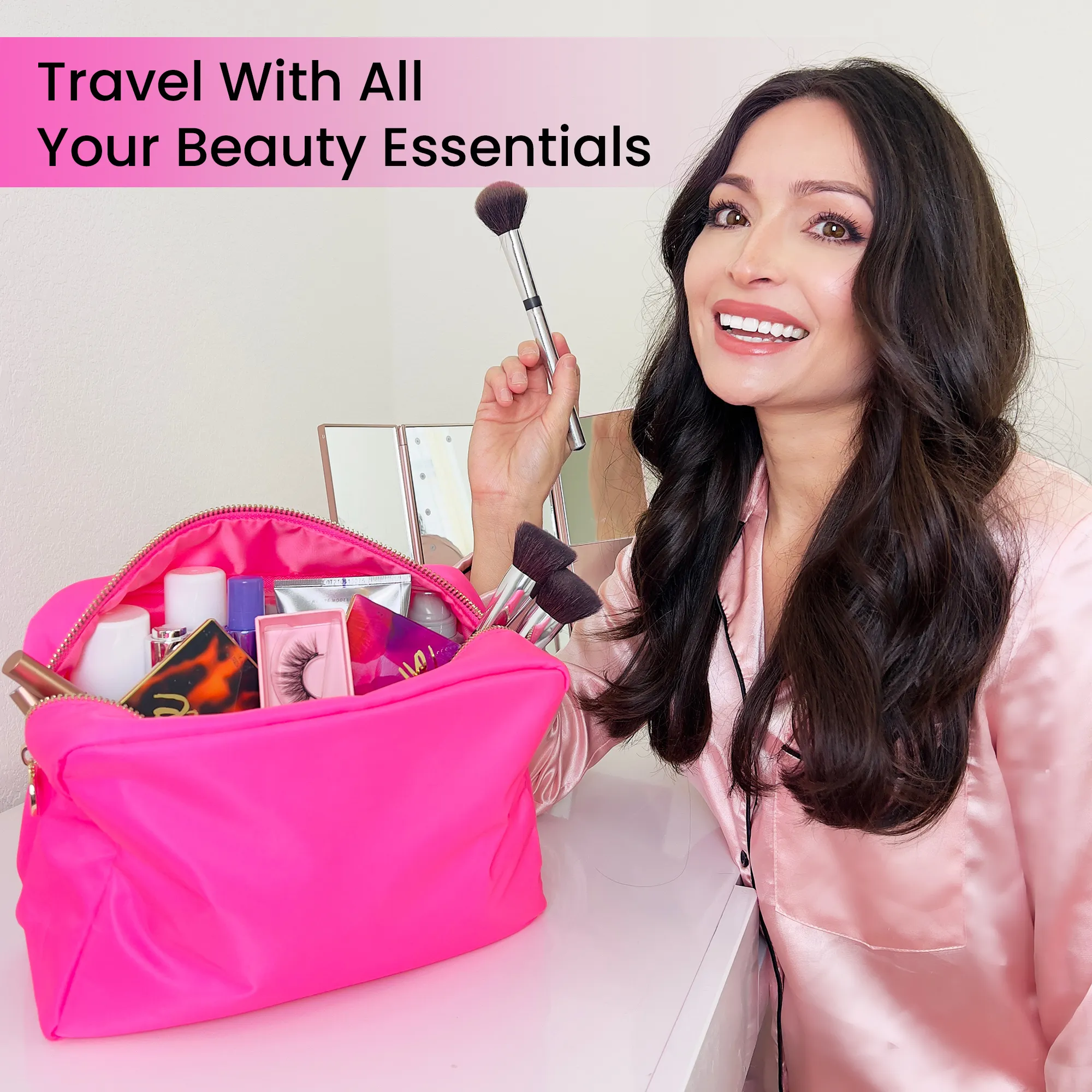 Large Makeup Bag Hot Pink - Travel Toiletry Bag For Women