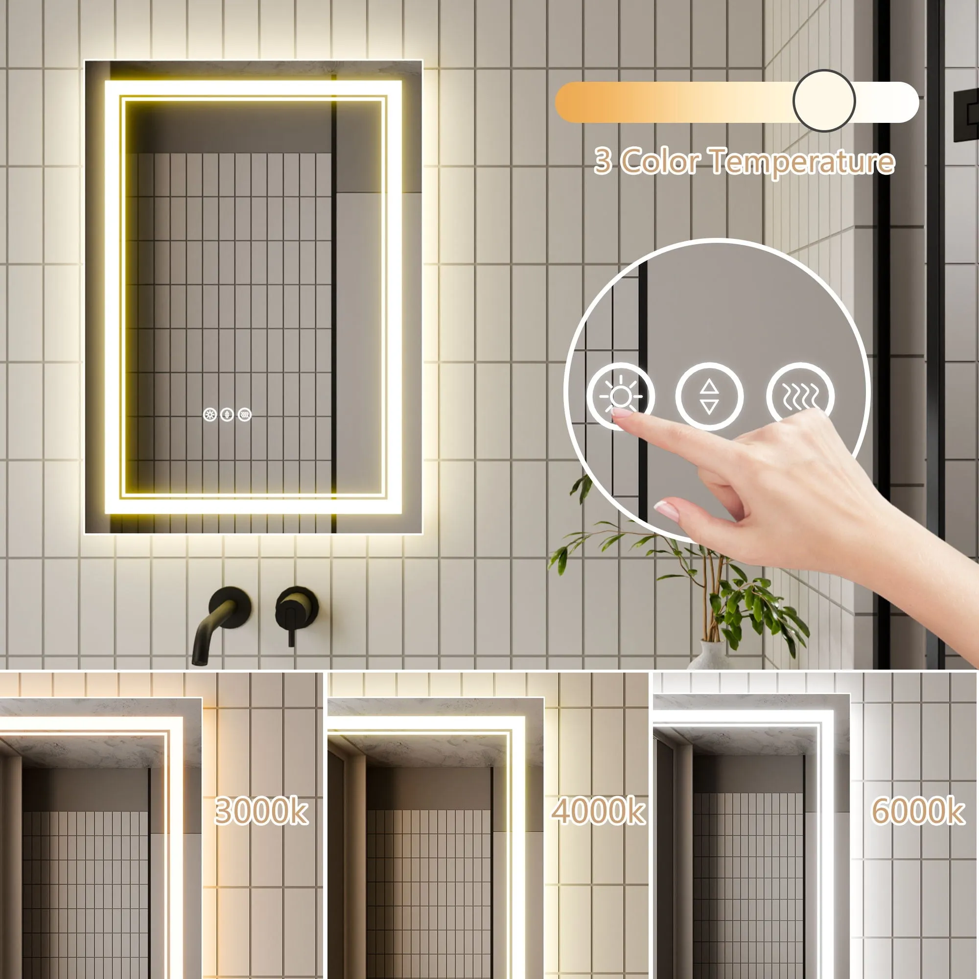 Led Bathroom Mirror, 20X28" Bathroom Vanity Mirrors With Lights, Mirrors For Wall With Smart Touch Button, Anti - Fog, Memory Function, Stepless Dimmable Makeup Mirror (Horizontal / Vertical)